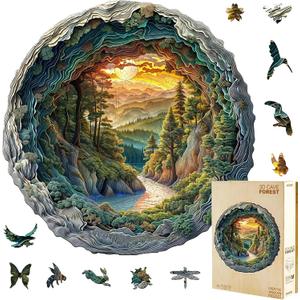 Wooden Puzzles, 3D Cave Forest Puzzle 300 Pieces, Unique Animal Shaped Wood Challenging Jigsaw Puzzles Ideal for Adults, Premium Wood Gift Box 13.4x13.3in (Large)