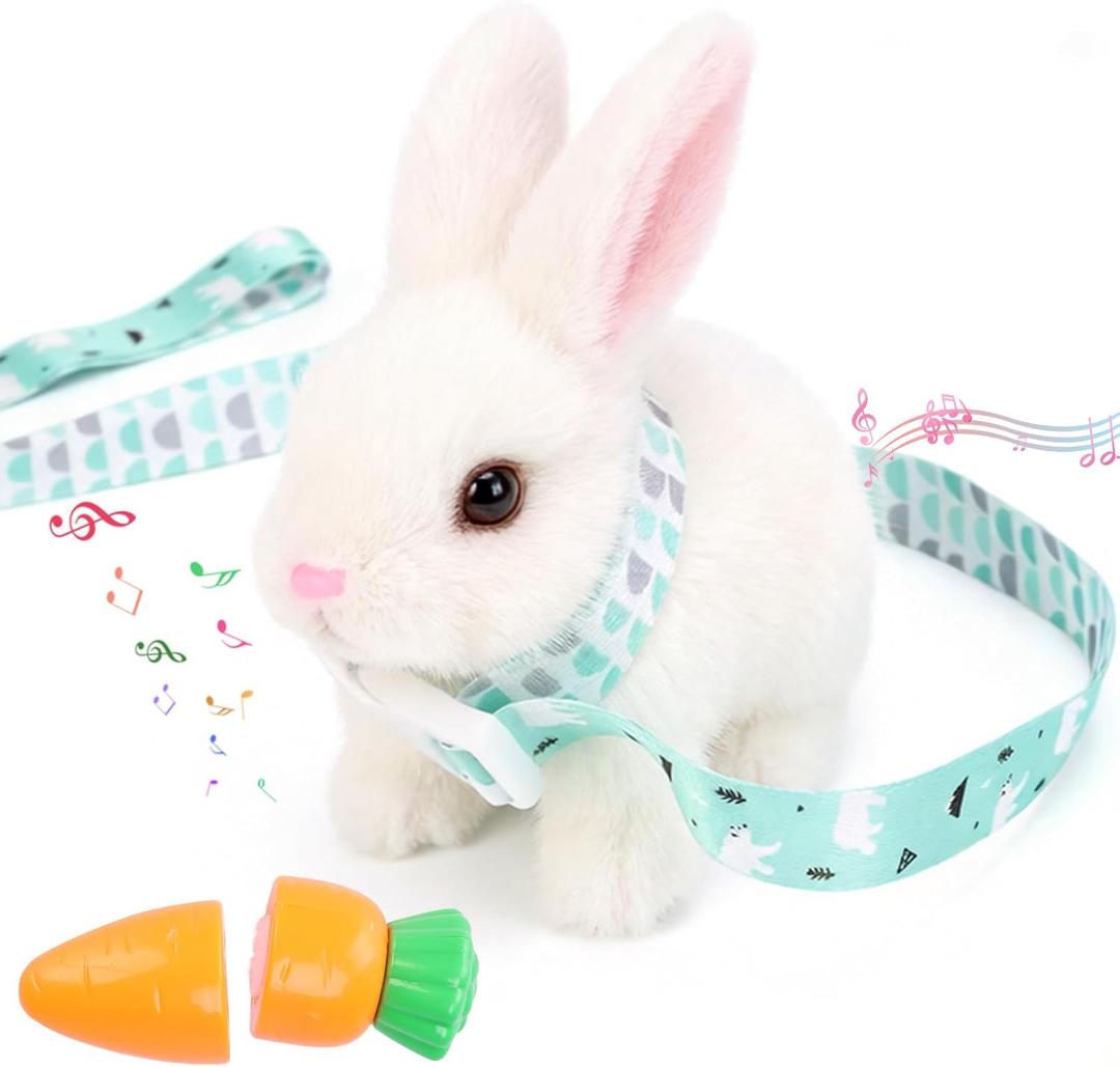 Easter Bunny Toy,Bunny My Realistic Bunny Toy,Hopping Rabbit Plush Bunny Toy,with Sounds and Movements Animated Walking Wiggle Ears Twitch Nose Gift for Toddlers Birthday(White Rabbit + Leash)