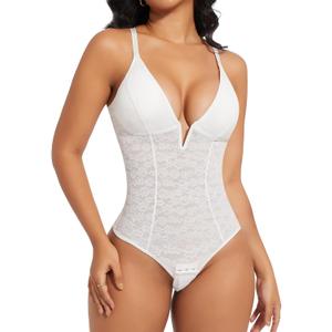 SHAPERIN Sexy Lace Shapewear Bodysuit Women Tummy Control Body Shaper Backless Thong Tank Top Body Suit (Small, *White)