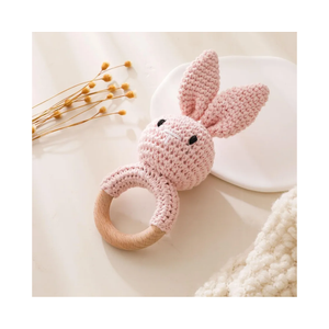 Wooden Baby Rattle，Crochet Bunny Rattle with Wood Ring, Newborn Wooden Animal Rattle Toy，Infant Pink Bunny Wood Rattle Toys