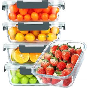 KOMUEE 30 oz 5 Pack Glass Meal Prep Containers, Glass Storage Containers with Lids - Dishwahser, Microwave, Oven and Freezer Safe (Gray)