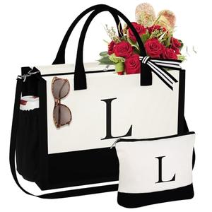 YOOLIFE Gifts for Women - Initial L Canvas Tote Bag & Makeup Bag, Birthday Gifts for Women Her Wife Mom Friend Teacher