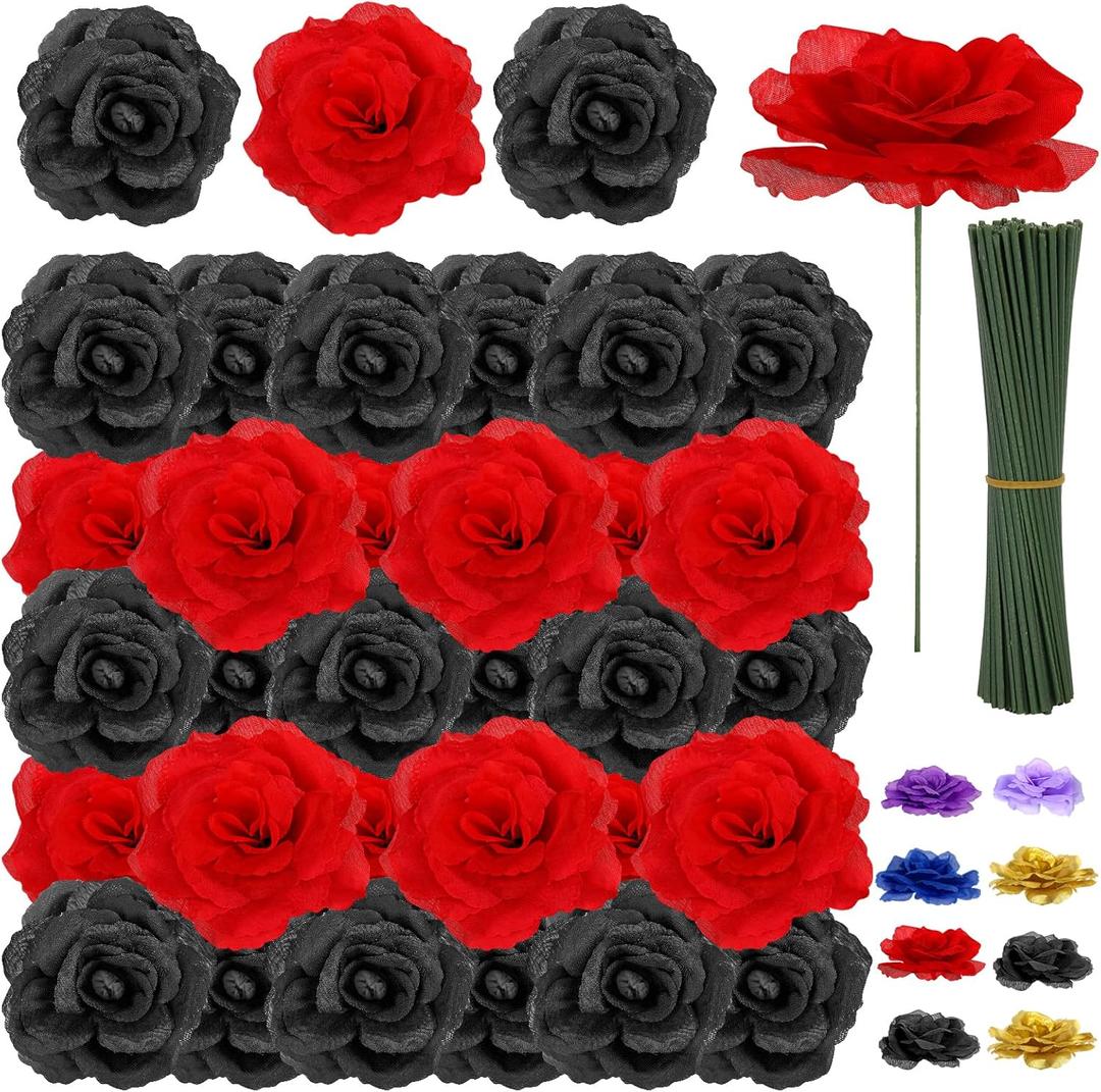 108pcs Roses Head Flowers with Stem - Red Black Artificial Flowers Rose Bulk - Silk Rose Fake Flower for Graduation Casino Theme Hollywood New Years Movie Night Birthday Decorations