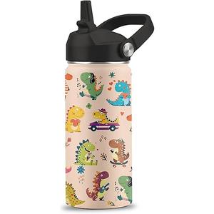 Alphabet Dinosaur Water Bottle for Boys, 16oz Kids Stainless Steel Insulated Water Bottle with Straw Lid, Dinosaur Dino Cup Tumbler Gifts for School