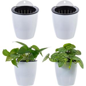 MyGift 5 Inch Wall Mounted Modern White Plastic Self Watering Planter Pots, Small Hanging Double Layer Wall Planter, Tabletop Mini Plant Container for Herb Succulent Cactus Flower, Set of 4
