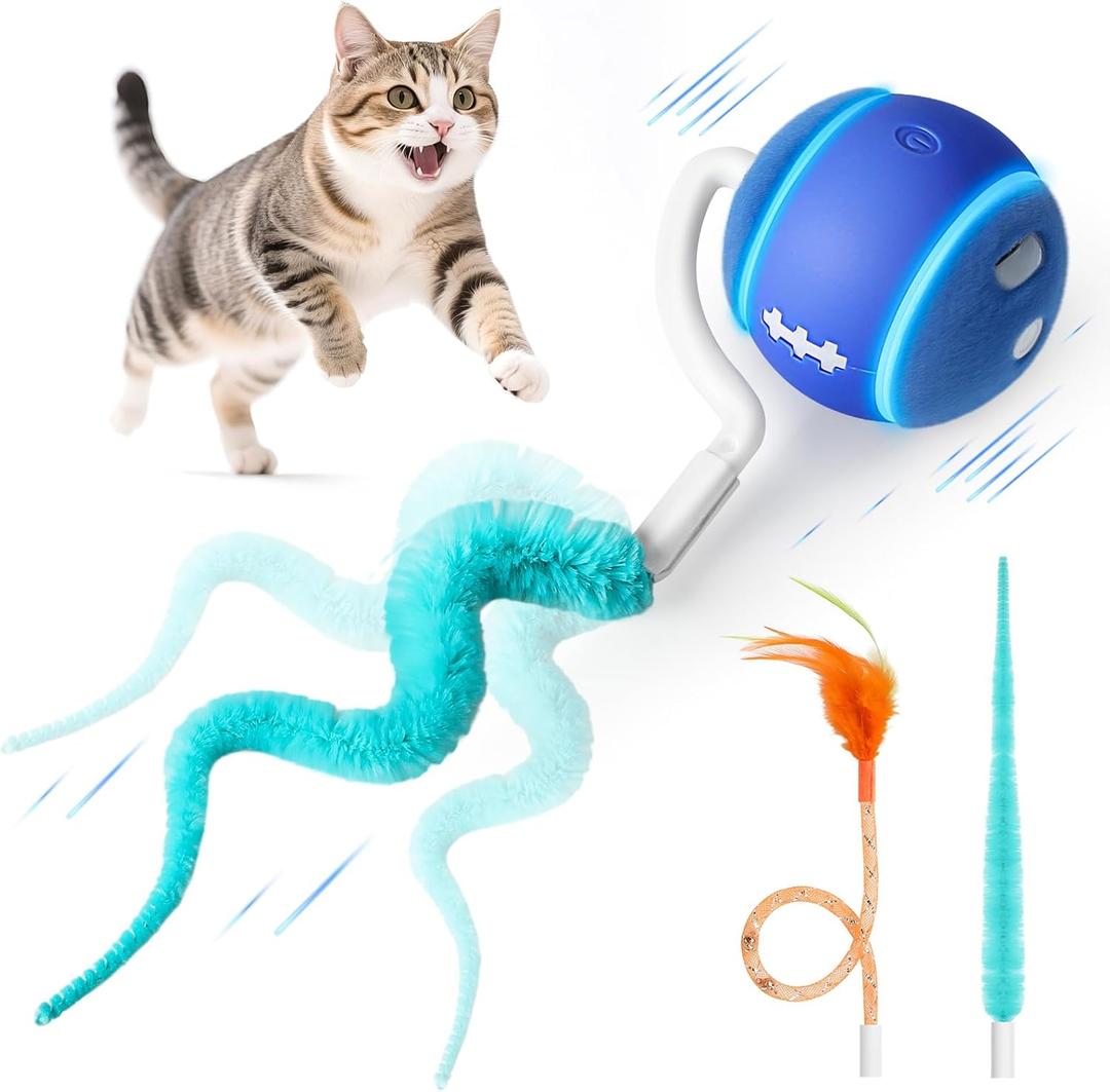 ddxcoo Interactive Cat Toy Ball, Automatic Cat Toys for Indoor Cats, Motion Activated Kitten Toys with 2 Replacement Tails, 3 Modes, USB Rechargeable, Moving Cat Toys for Enrichment Exercise(Blue)