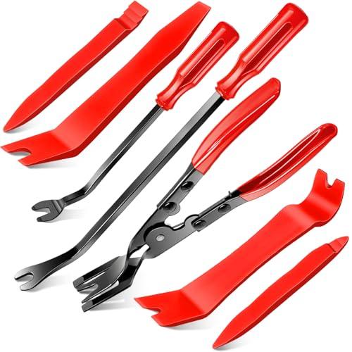 Doaho 7 Pcs Car Trim Removal Tool Kit with Non-Scratch Plastic Pry Tool and Fastener Clip Pliers for auto Safe Interior Car Panel Detachment, Dashboard, Door Clips & Upholstery – Red