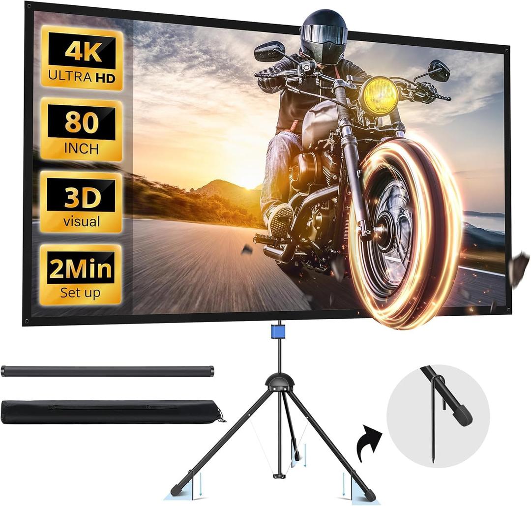 Projector Screen with Stand, PARIS RHNE 80-inch Outdoor Indoor Projector Screen 16:9 4K HD PVC, 1.5 Gain Portable Wrinkle-Free Movie Screen for Home Backyard Theater with Carry Bag, Ground Nails
