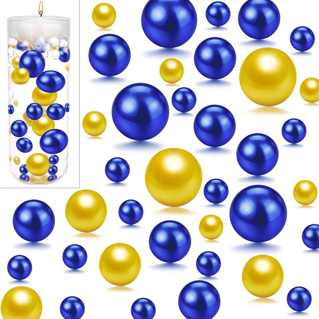 UDU 10150 Pcs Vase Filler Floating Beads No Hole Faux Pearls for Vase Mixed Sizes Round Pearls for Home Party Wedding Decor, 8/14/20 mm (Gold,Blue)