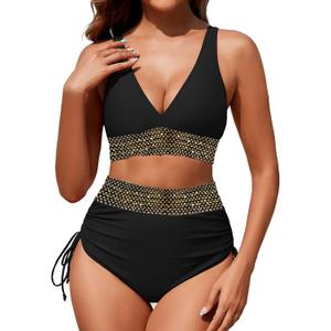 Women's High Waisted Bikini Sets Two Piece Tummy Control Swimsuit Color Block Bathing Suits (X-Large, Black Gold)