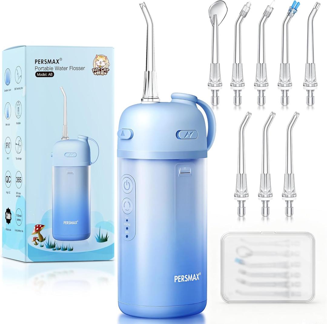 PERSMAX Water Flosser for Orthodontics Teeth Cleaning - Portable Electric Oral Irrigator Pick for Braces, Travel, Kids, with 3 Modes 8 Pressure Settings, 8 Tips, 150ML, IPX7, Gradient Blue