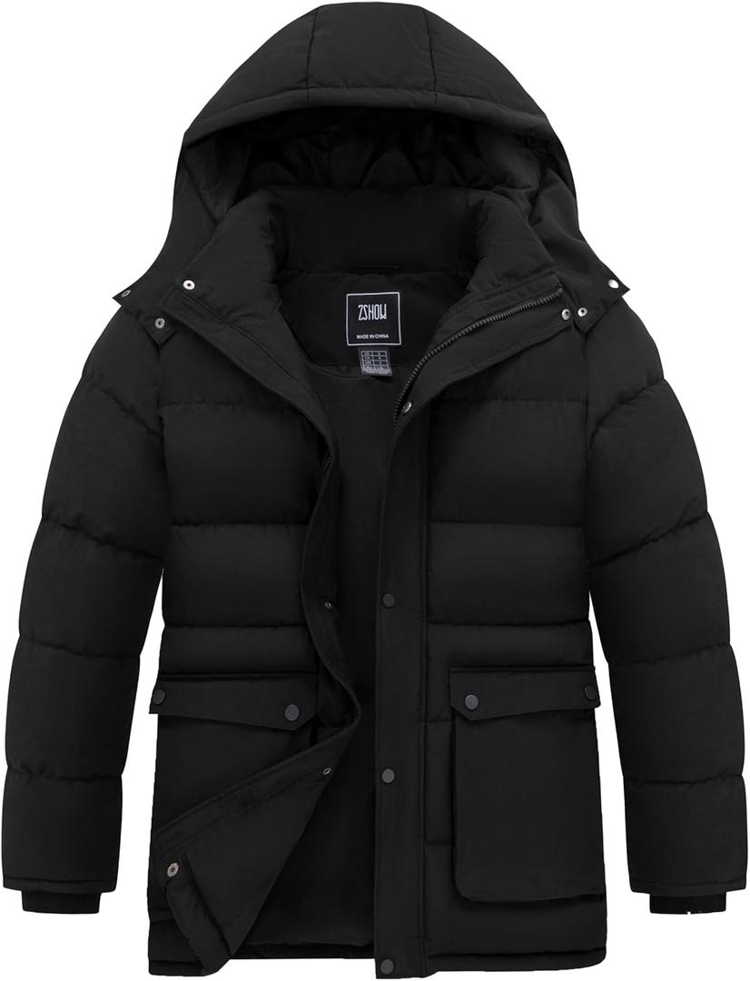 ZSHOW Men's Warm Winter Jacket Waterproof Puffer Coat Windproof Quilted Parka with Detachable Hood (Black), XXL