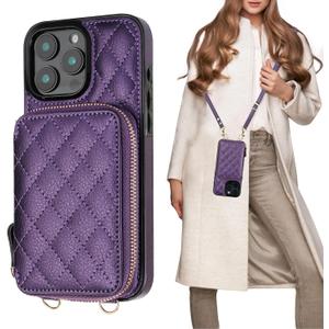 Bocasal Crossbody Wallet Case for iPhone 16 Pro Max, RFID Blocking PU Leather Zipper Handbag Purse Flip Cover, Kickstand Folio Case with Card Slots Holder Wrist Strap Lanyard 5G 6.9 Inch (Dark Purple)