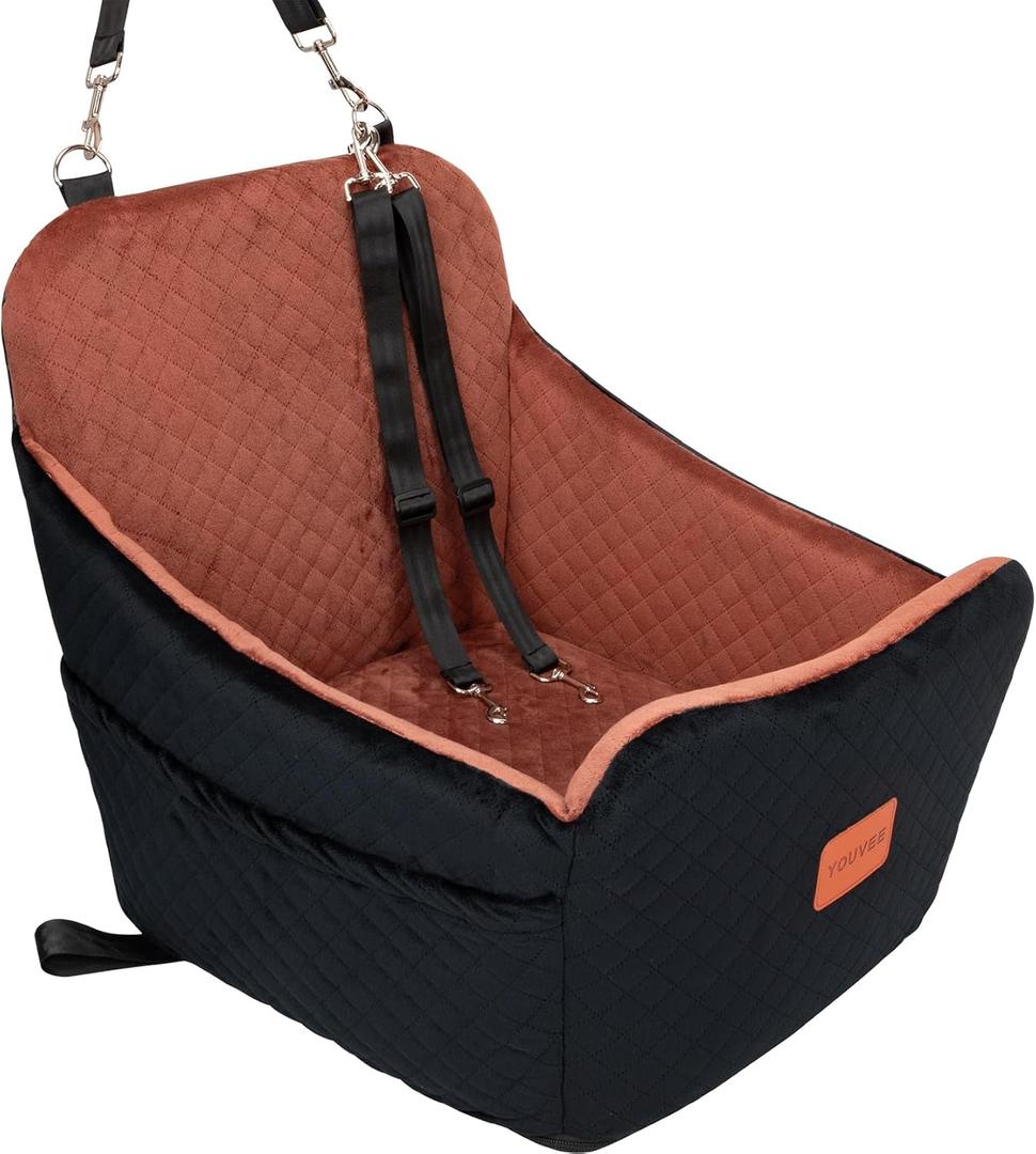 YOUVEE Dog Car Seat for Small/Medium Dog 20lbs 25lbs up to 32 lbs,Fully Detachable and Washable Puppy Booster seat with Storage Pockets,2 Adjustable Safety Belts(Black Outside Brown Inside)