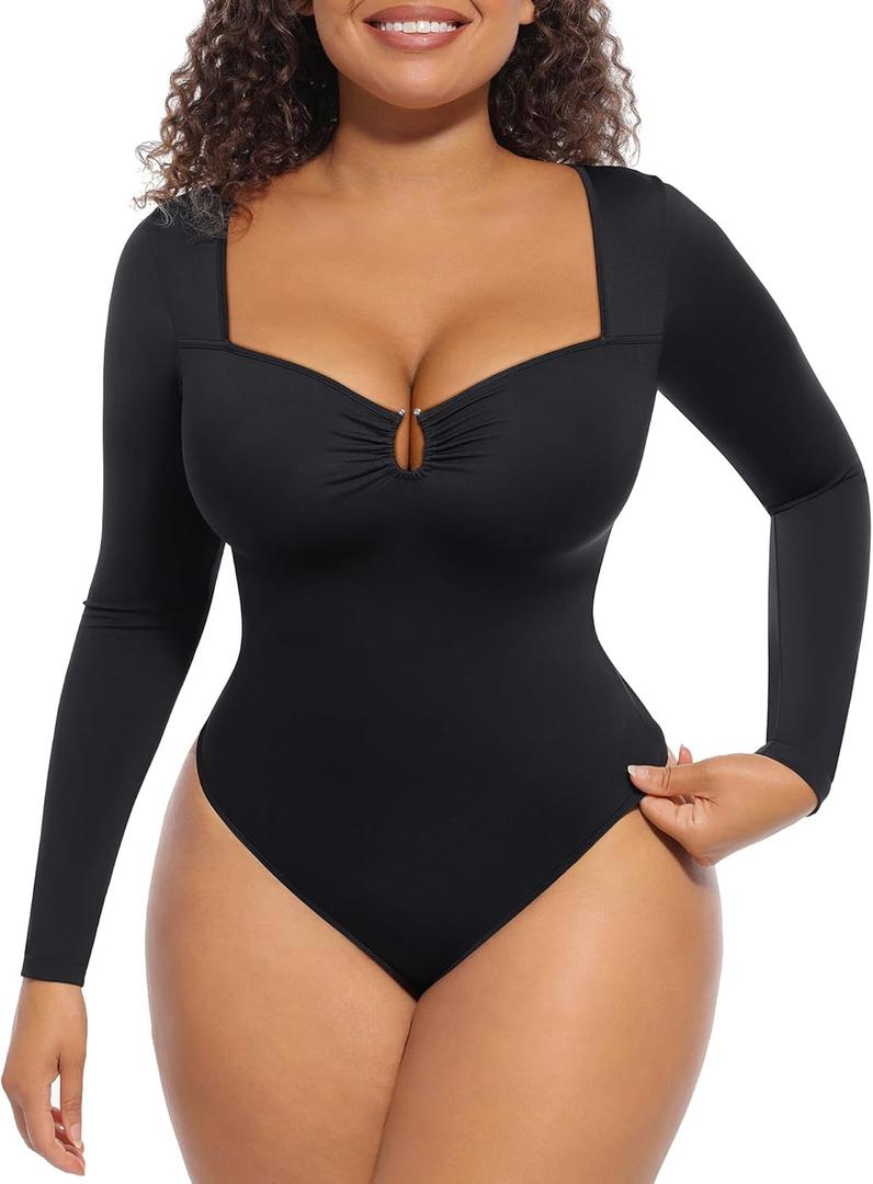FeelinGirl Shapewear Bodysuit for Women Long Sleeve Tummy Control Body Suits Seamless Thong Body Shaper (Black, L)