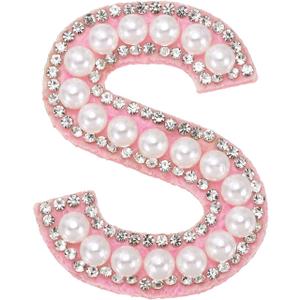 MECCANIXITY Iron on Pearl Letter S Patches, Pearl Rhinestone A-Z Alphabet Self Adhesive Sew on Patches, Glitter Letter Applique for Clothes Fabric DIY Backpack, Pink