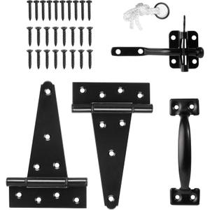 HILLMASTER Heavy Duty Gate Latch Door Handle Hardware Kit for Wooden Fence, Self-Closing Gate Latch with Pull String, Decorative Metal Gate Pull Handle, 2 Pack 6in T-Strap Gate Hinges, Black Finish