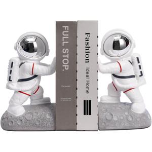 Space Theme Bookends - Astronaut Kids Book Stoppers, Heavy Duty Resin Bookends for Shelves (D-Silver Color)