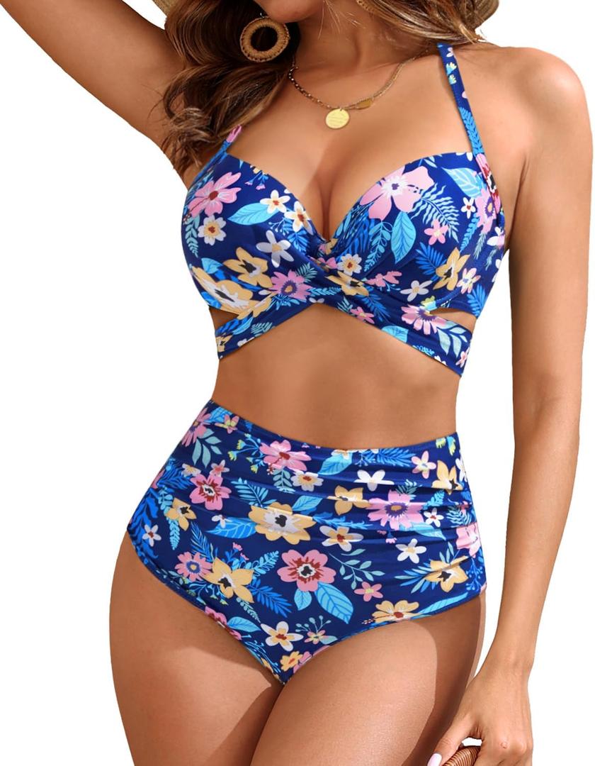 High Waisted Underwire Bikini Sets - Women 2025 Two Piece Swimsuits Halter Bathing Suits with Tummy Control Bottom (Large, Blue Floral)