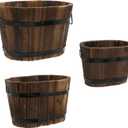 MY MIRONEY 3PCS Wooden Planter Barrel Set Vintage Style Wood Bucket Rustic Garden Flower Plant Pots Container with Metal Handles, Oval, Small, Medium & Large