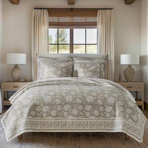 Levtex Home Adare Taupe Reversible Full/Queen Quilt Set (88x92in) and 2 Pillow Shams (26x20in) - Floral Bedding - Taupe White - Cotton Full/Queen Size Quilt Bedding Set - Lightweight, Soft, Pre-Washed