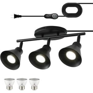 Black 3 Light Plug in Ceiling Light Fixture,Modern Plug in Track Lighting,16.4ft Cord with Timer & Dimming Switch,3 Way Ceiling Spot Lighting,Flexibly Rotatable Light HeadDimmable LED Bulbs Included