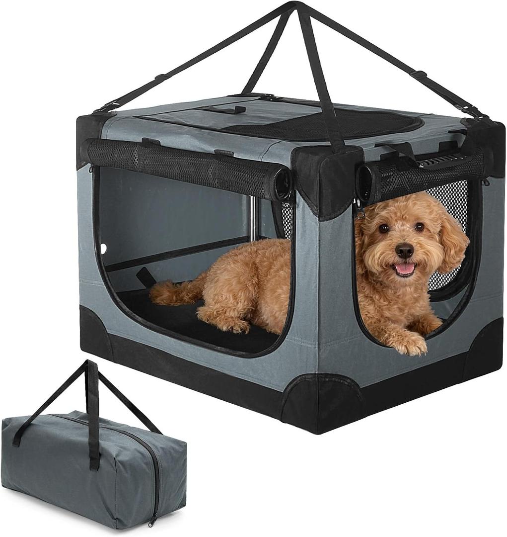 24 inch Small Dog Crate - for Small Dogs, Portable Travel Pet Crate with 4 Mesh Doors, Foldable Car Kennel for Puppy with Handle for Indoor and Outdoor, Gray