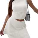 Saodimallsu Womens 2 Piece Skirt Sets Sleeveless Knit Crop Top Mini Skirt Summer Two Piece Outfits Sweater Sets (L)