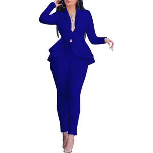 Salimdy Sexy 2 Piece Outfits for Women Long Sleeve Solid Blazer with Pants Casual Elegant Business Suit Sets (Blue)
