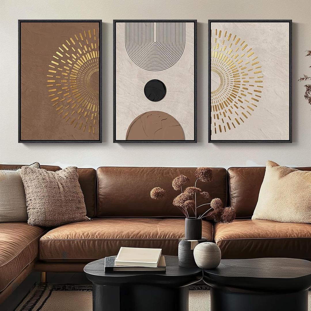 Large Framed Boho Neutral Abstract Wall Art, 3 Piece Modern Canvas Prints Paintings Artwork for Walls, Minimalist Brown Beige Gold Geometric Pictures for Living Room Hallway Bedroom Wall Decor 20x30 In, 20" W x 30" H x 3Pcs