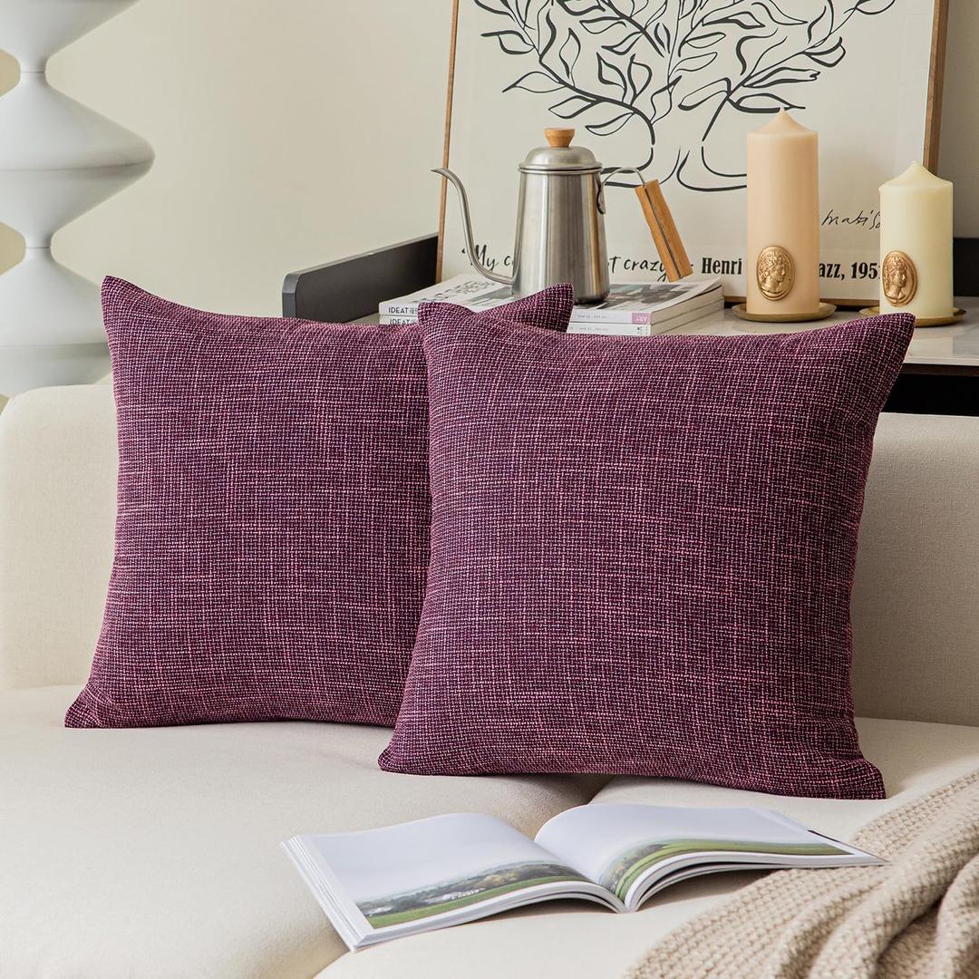 Kevin Textile 2 Pack Burlap Decorative Pillow Covers Lined Linen Cushion Sham for Living Room, 20x20 inches, Red Purple