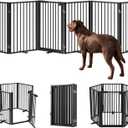 Full Metal Free Standing Dog Gate with Door for Indoor & Outdoor,120'' Extra Wide 32'' Tall Dog Gate for The Doorways,Large Openings,Decks,Porch,Pet Freestanding Safety Fence(6 Panels,Black)