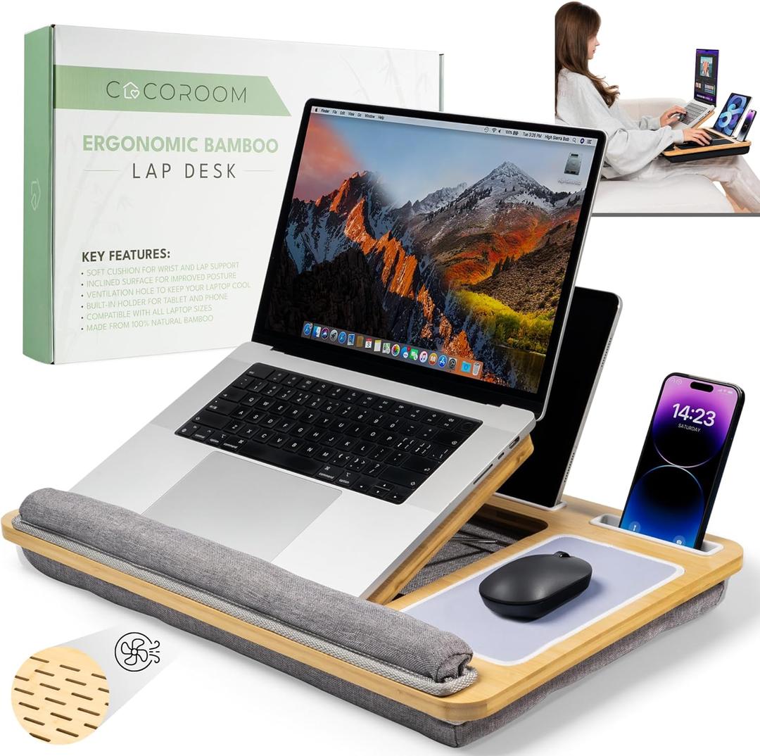 Lap Desk for Laptop Bed Desk Tray Table with Cushion, 5 Angles, Phone & Tablet Holder, Mouse Pad & Ventilation Laptop Stand, Lap Table, Couch Desk for 15-17 Laptops (Gray)