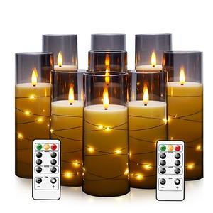 kakoya Flameless LED Candles with Timer 9 Pc Flickering Flameless Candles for Romantic Ambiance and Home Decoration Stable Acrylic Shell, with Embedded Star String, Battery Operated Candle, Grey）