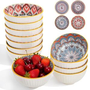 Noamus 12 Pack Small Ceramic Bowls Set, 10Oz Colorful Dessert Bowl, 4.5Inch Ice Cream Bowls, Porcelain Boho Decorative Bowl for Snack Soup Condiments, Side Dishes, Kitchen, Microwave Safe (4 Styles)