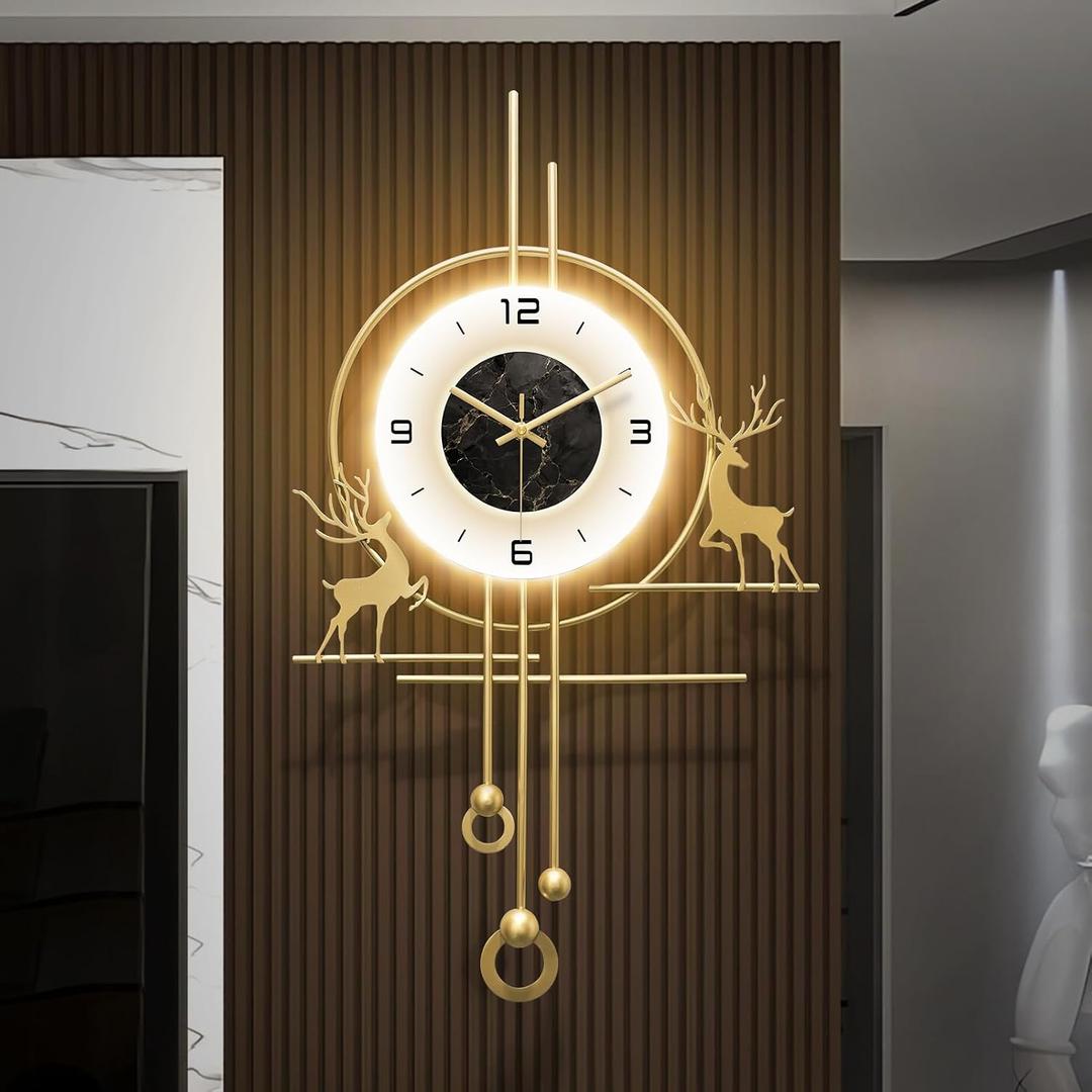 Large Gold Wall Clock for Living Room,Wall Clocks Decorative with Light,Creative Silent Clock Battery Operated for Kitchen/Entryway/Bedroom/Office/Dinning Room Metal Wall Decor, 18''lx32''w
