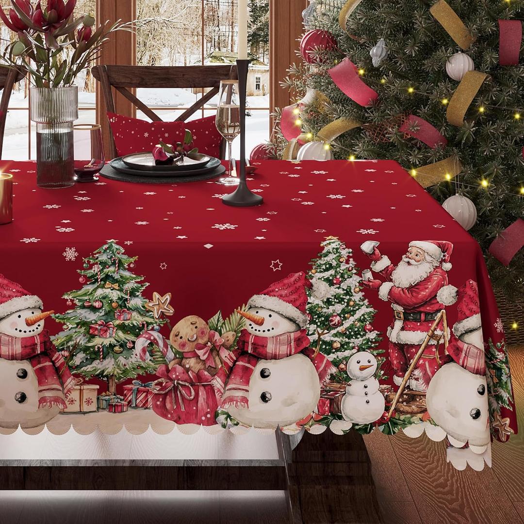 Christmas Tablecloth 60x60 Inch Rectangular, Christmas Trees Winter Snowman Washable Table Cover for Party Picnic Dinner Decor,Snowman