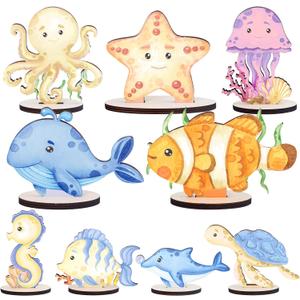 Under The Sea Party Decorations - 9PCS Sea Aniamls Wood Centerpieces for Tables Wooden Cute Turtle Whale Ocean Table Sign Centerpiece Decor Under The Sea Baby Shower Birthday Decor Supplies
