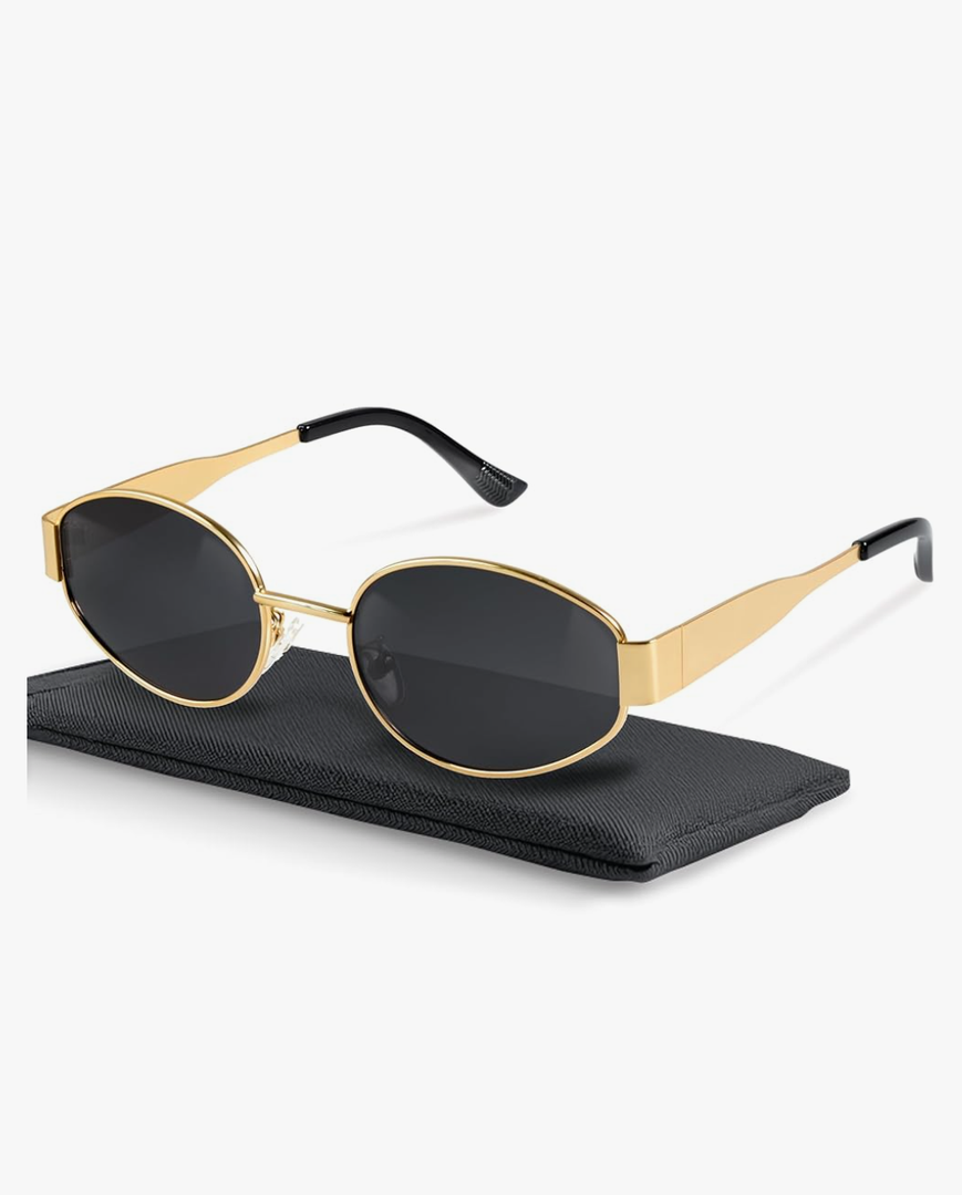livho Retro Polarized Sunglasses - UV400 Protection, Oval Shape, Metal Frames - Matching Soft Case Inlcuded