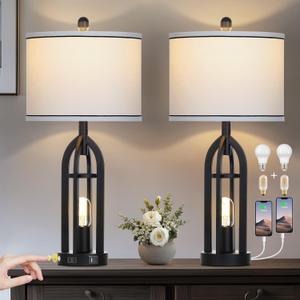27" Black Table Lamp for Living Room,Black Table Lamps Set of 2 with USB & AC Outlet, 3-Way Dimmable Farmhouse Lamps for Night Stands, Vintage Bedside Lamp for End Tables, Nightstand Lamps for Bedroom (Black lamps body-White shade)