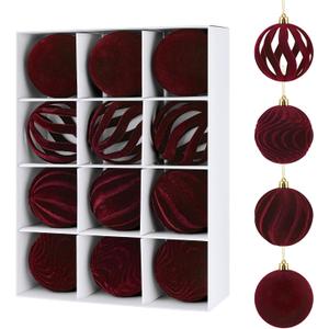 12Pcs 2.36in Velvet Christmas Tree Balls Ornaments Plastic Flocked Shatterproof Handmade Hanging Decoration Plush Balls Sets for Christmas (Burgundy)