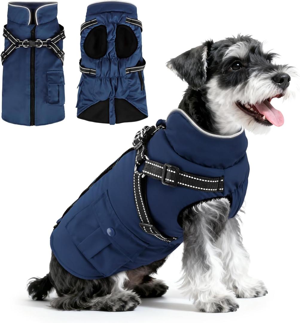 Dog Winter Coat with Harness Built-in | Waterproof Dog Jacket with Zipper & Fleece Lining | Reflective Cold Weather Coat for Small Medium Large Dogs (Navy Blue)