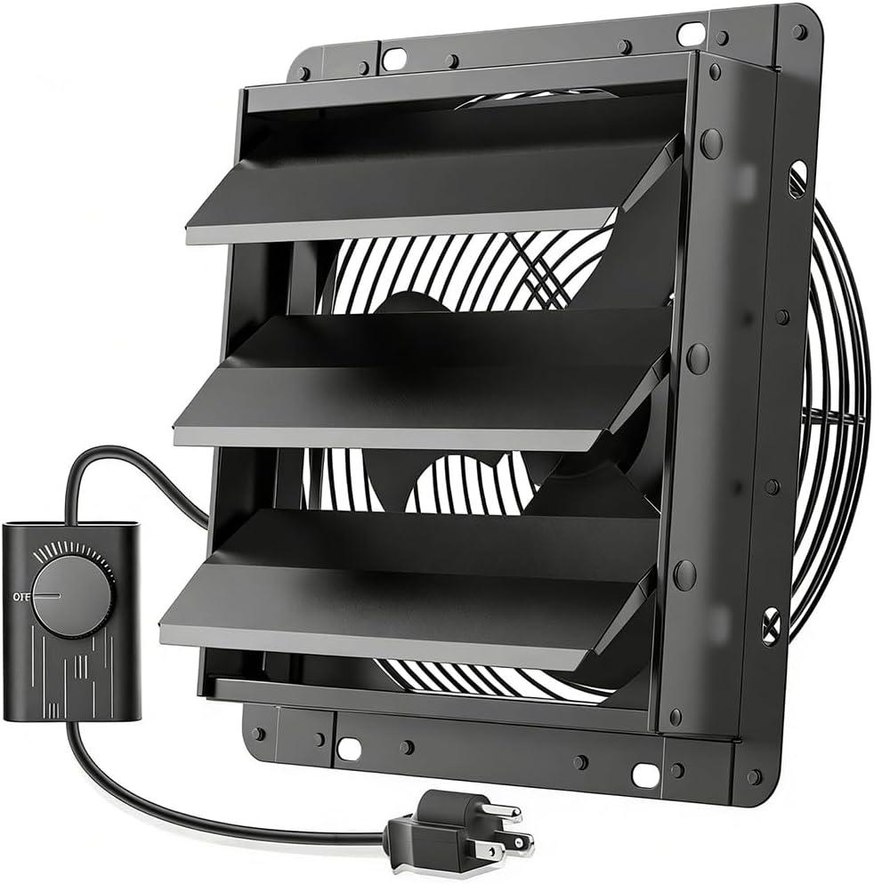 HG Power 10 Inch Shutter Exhaust Fan with Speed Controller, 647CFM High-Speed Vent Fan with, 1400RPM Wall Mounted Attic Fan for Shed, Garage, Greenhouse Ventilation, Black