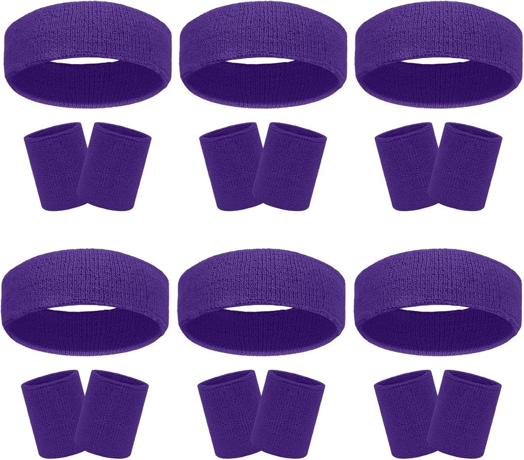 18 Pcs Sweatbands Headband Wristband Set Colorful Striped Terry Cloth Sports Athletic Gym 80s Sweat Headbands (6Pack-Purple)