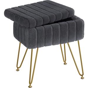 Greenstell Vanity Stool Chair Faux Fur with Storage,15.7"L x 11.8"W x 19.4"H Soft Ottoman 4 Metal Legs with Anti-Slip Feet, Furry Padded Seat, Modern Multifunctional Chairs for Makeup, Bedroom Grey