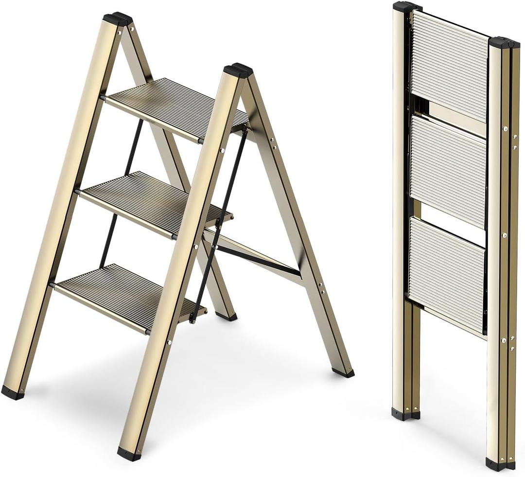WOA WOA 3 Step Ladder, Foldable Step Stool, Aluminum Lightweight Ladder for Home Kitchen Closet, Anti-Slip Pedals, Ease of Folding, Portable, 300lbs Capacity - Gold