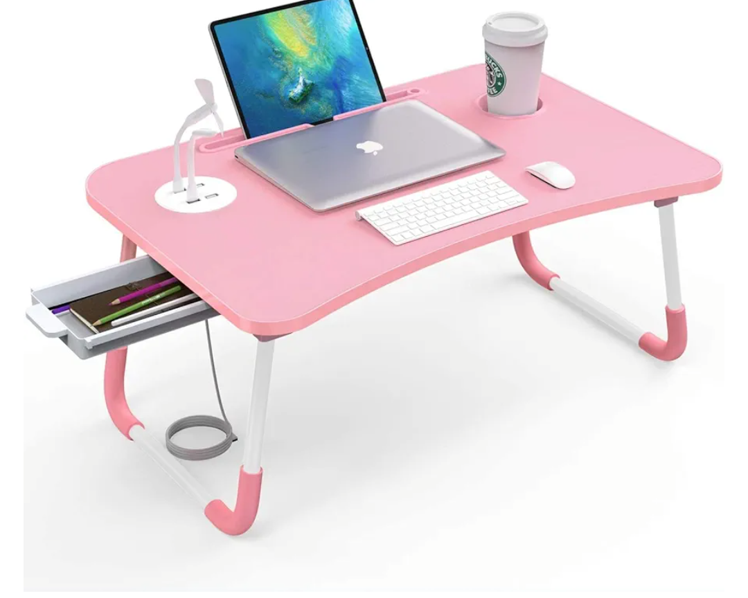 Elekin Laptop Desk for Bed,Portable Folding Lap Desk Bed Table Standing Work Table Bed Tray with 4 USB Port/Cup Holder/Drawer for Bed Couch/Sofa Pink