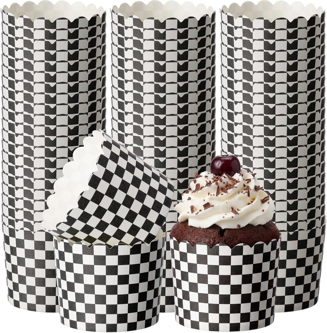 Qinyoung 150 Pcs Race Car Checkered Cupcake Wrappers Liners Black and White Paper Baking Cup Greaseproof Disposable Scalloped Checkered Flag Muffin Case for Racing Car Birthday Party Baby Shower Decor