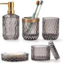 5PCS Grey Glass Bathroom Accessories Sets of Lotion Dispenser, Soap Dish, Toothbrush Holder, Tumbler, Cotton Swab Jars, Modern Bath Decor, Vintage Gift