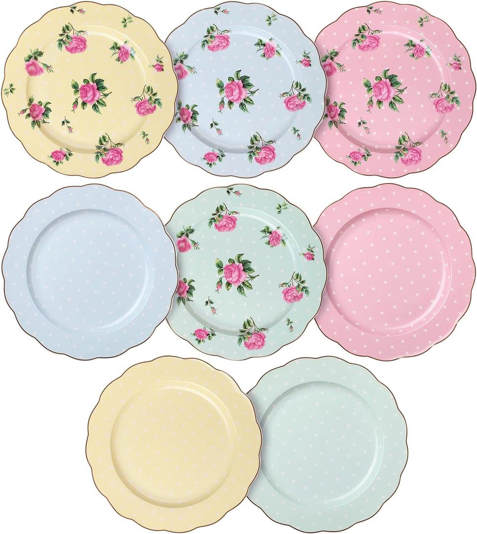 BTaT- Porcelain Floral Plates Set of 8, 8 Inch, Assorted Pastel Colors with Golden Rim, Floral Dessert Plates, Spring Dinnerware, Dishwasher & Freezer Safe, Mother's Day Gift